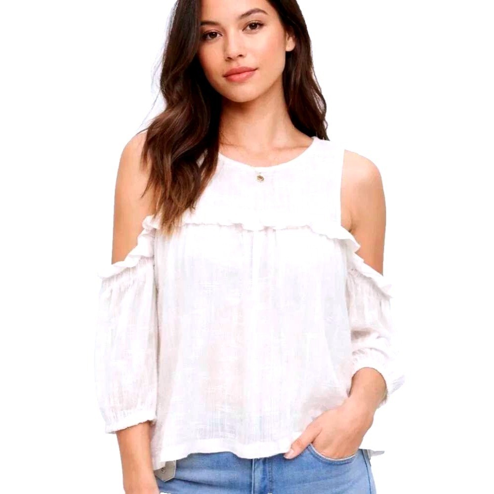 Anthropologie Meadow Rue Cold Shoulder Top Womens XS White Linen Ruffle Boho